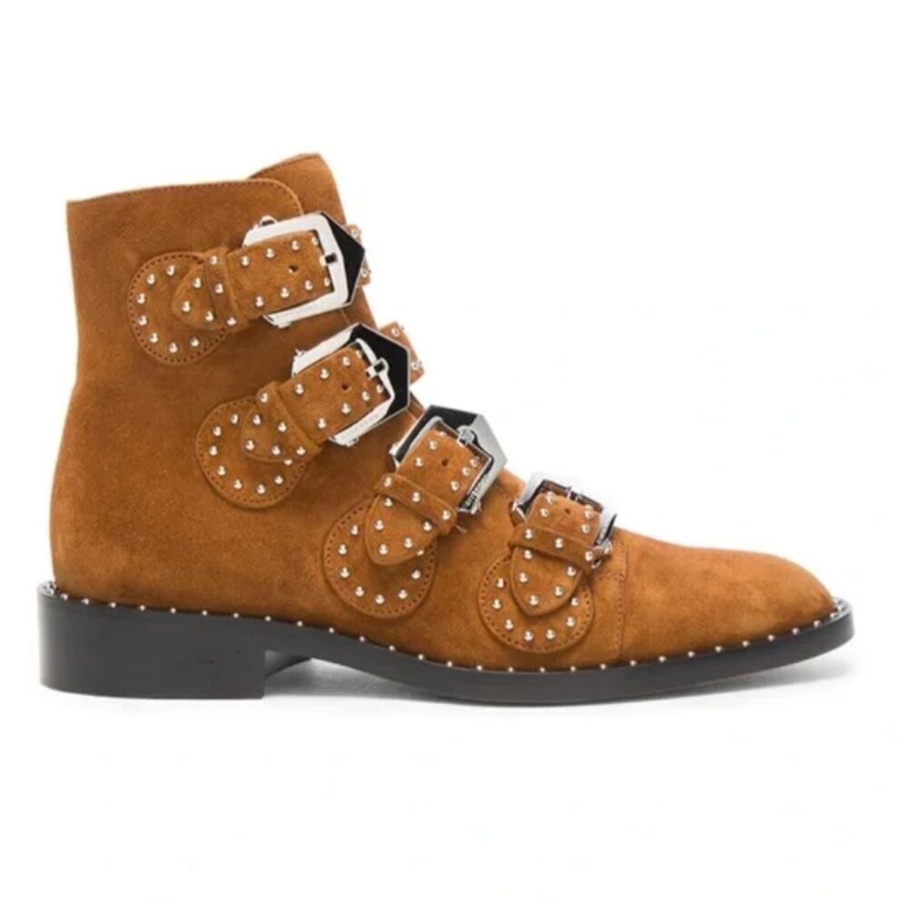 Givenchy Elegant Studded Brown Suede Ankle Buckle Strap Boots